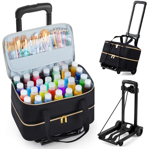 Image of Abbylike Acrylic Paint Organizer Double Layer Bag with Foldable Cart - 56 Shockproof Foam Slots for 2oz Bottles, Portable Art Supply Storage Case for Travel Friendly Artists, Black
