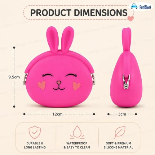 Image of FunBlast Cute Bunny Shape Silicone Coin Purse for Kids & Adults - Mini Pouch for Coins, Earphones, Keys & Small Essentials, Aesthetic Pouches for Girls & Women - 12 X 9.5 X 3 Cm (Bunny-Dark Pink)