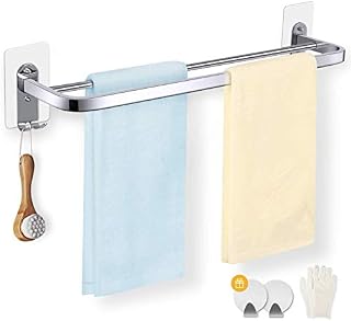 Double Towel Rail, 23in/58cm Self Adhesive or Wall Mounted Stainless Steel Towel Rack Holder with Double Hooks -2 Small Hooks and Gloves as GIFT, MENNYO Bathroom Kitchen Hardware Accessory