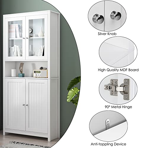 Fotosok Kitchen Pantry Cabinet, 74.6'' Freestanding Kitchen Cupboard Storage Cabinet With Doors And Shelves, Tall Bookcase With Doors Kitchen Cabinet For Dining Room, Living Room, White #TOP5