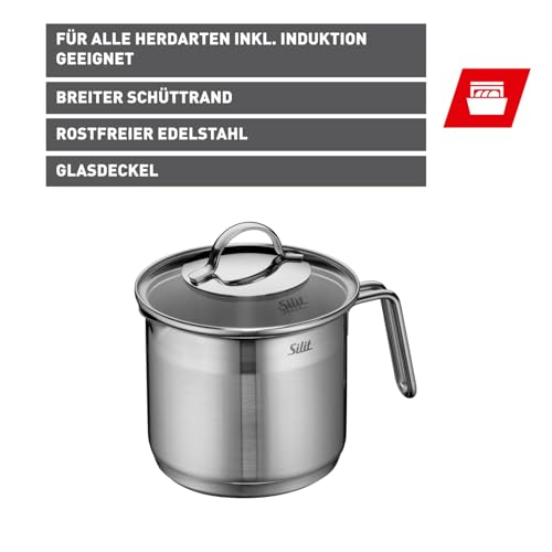 Foto von Silit Achat Milchtopf Induktion mit Glasdeckel 14 cm, hoher Kochtopf 1,7l, Edelstahl teilmattiert, Milchkopchtopf Induktion, unbeschichtet, backofengeeignet