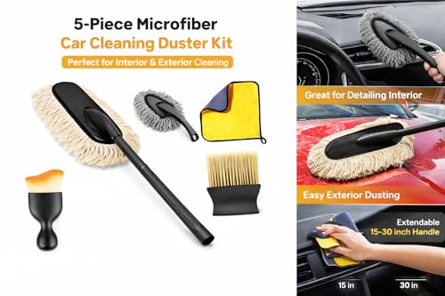 Image of SOFLIN 5 PCS Microfiber Car Duster Kit Interior & Exterior Car Cleaning Detailing Tool Scratch & Lint Free, Pollen Removing Extendable Long Handle Duster for Car & Motorcycle car (Car Duster Kit)