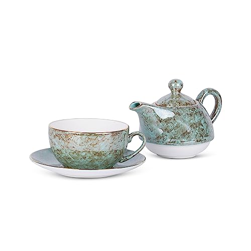 Image of Dandy Lines Tea for One Set Terra Gold, Elegant Tea Set with Kettle, Bone China, Pack of 4, Microwave & Dishwasher Safe, Great for Hosting & Gifting