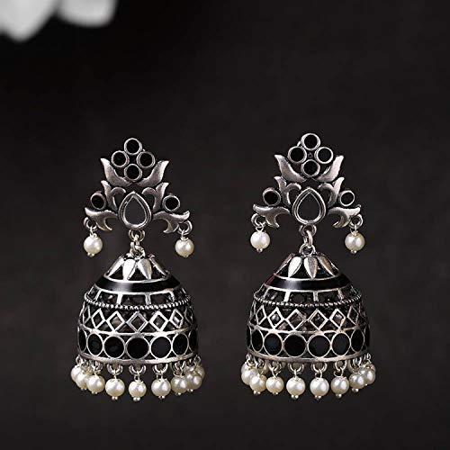 Voylla Brass Silver Oxidised Plating Rangabati Pink Embellishments Jhumka Earrings with Pearl Beads for Women and Girls - Image 2