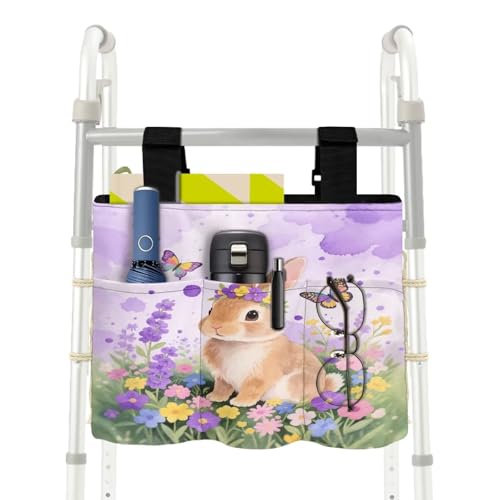 Babrukda Hibiscus Wheelchair Bag Bunny Butterfly Walker Bag with Multi Pockets Purple Tie Dye Printed Walker Accessories for Seniors, Elderly Large Capacity Carry Storage Carrier Tote