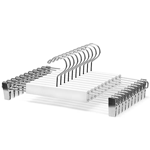 Nature Smile 34 cm Hosen-/Rock-Kleiderbügel aus massivem Holz, Premium-Holzboden-Kleiderbügel für Hosen, Jeans, mit 2 größeren verstellbaren, rostfreien flachen Clips (weiß) Cover