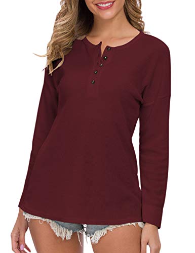 MOLERANI Womens Waffle Knit Tunic Tops Loose Long Sleeve Button Up V Neck Henley Shirts (M, Wine Red2)