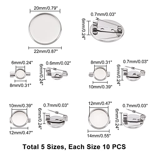 UNICRAFTALE 50pcs 5 Sizes 6/8/10/12/20mm Flat Round Brooch Pin Stainless Steel Brooch Bezel Trays Base Blank Brooch Tray for Jewelry Making Stainless Steel Color - Image 3