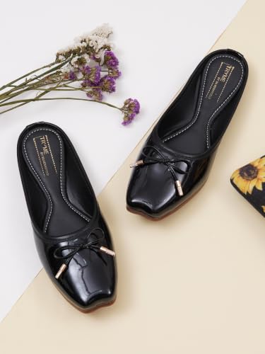 Image of TRYME Elegant Women's Glossy Patent Slip-On Mules with Bow Detail | Comfortable Flat Sandals for Office, Casual & Daily Wear