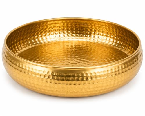 Image of Hammered Iron Metal Decorative Bowl with Golden Finish, 12 Inch Large Urli Bowl for Home Decor, Floating Flowers & Tea Light Candles, Center Table Diwal Decor & Festive Gifting