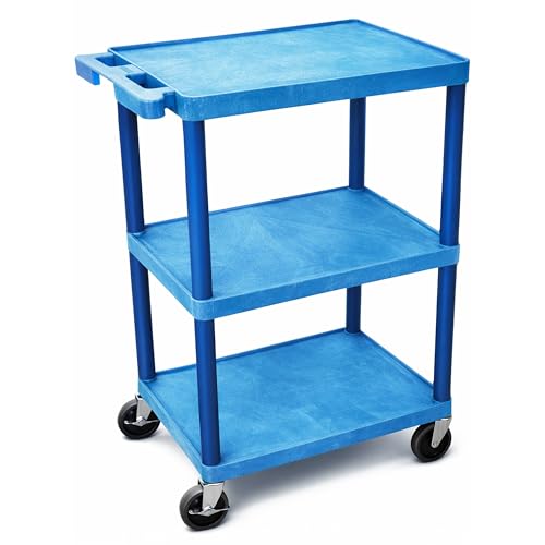 Luxor HE34-BU Utility Cart - 3 Shelves Structural Foam Plastic, Four 4\" Casters, Two with Locking Brake, Ergonomic Push Handle, 24\"W x 18\"D x 34\"H, Offices, Classrooms