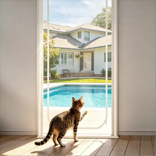 DBOO Puerta mosquitera para gatos de 80 x 210 cm, puerta de malla reforzada resistente para gatos de interior, puerta mosquitera a prueba de arañazos con doble cremallera, mantiene a los gatos seguros