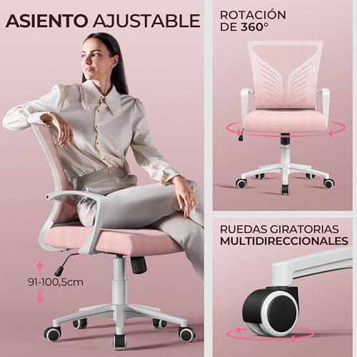 Miniatura 5 de Yaheetch Juego de 2 Sillas de Oficina Malla Función de Inclinación Rosa