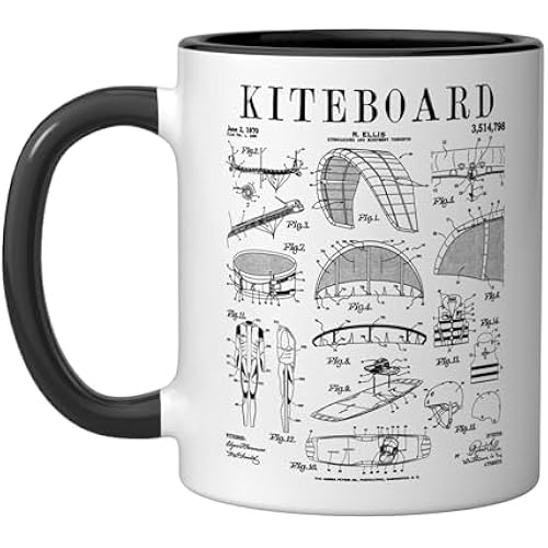 Kiteboarding Kitesurfing Kiteboard Surfer Vintage Patent Ceramic Mug, Black/White, 11oz