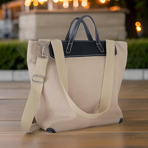 Cute Crossbody Bag for Women Large Canvas Tote Bag with Zipper and Black Top Handle Three Interior Pockets with Removable Scarf4