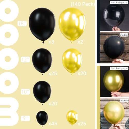 Image of PartyWoo Black and Gold Balloons 140pcs Different Sizes of 18 12 10 5 Inch Black and Metallic gold Balloon Arch Kit for Birthday New Year's Eve Graduation Bachelorette Retirement Party Decorations