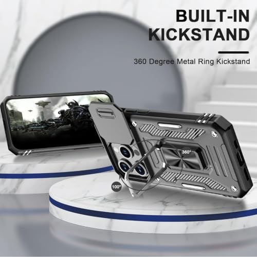 Image of Back Cover Case Compatible for Apple iPhone 15 Pro Max with Slide Camera Cover & Rotated Ring Kickstand | Military Grade Mobile Phone Cover Case for Apple iPhone 15 Pro Max (Black)