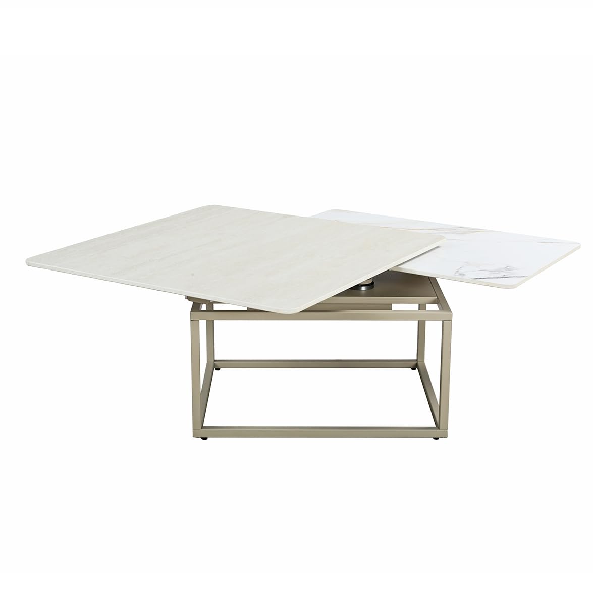 Meubletmoi Table Basse rotative 2 Plateaux en céramique Blanche Effet marbré et Beige Effet travertin avec piètement métal Beige – Design Moderne et ingénieux – THYLA