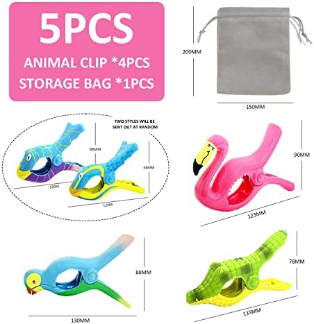 4-Pack Beach Towel Clips with 1-Piece Flannel Bag, Flamingo, Swallow, Crocodile, Fish, Portable Towel Clip, Pool Towel Clip, Clothespin for Sun Loungers, Pool Chairs