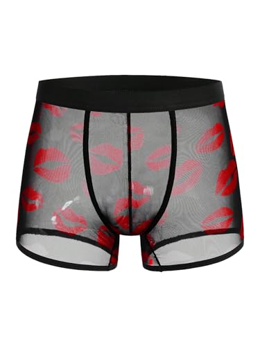 WDIRARA Men's Lips All Over Printed Mesh Underwear Boxer Briefs See Through Lingeries