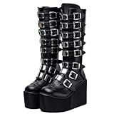 FQLGJMY Women's Knee High Wedge Platform Boots with Chunky High Platform Heel Lace Up & Zipper Punk Goth Mid Calf Combat Boots Motorcycle Booties with Metal Buckles for Autumn Winter