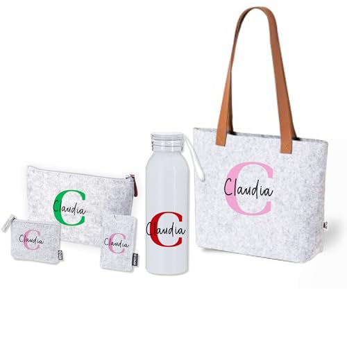 5x Botella Personalizada, Bolso Personalizado, Neceser Personalizado, Botella Inicial,Tarjetero y Monedero Personalizado SET COMPLETO 5 PCS