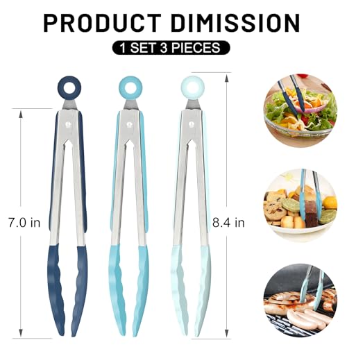 Hotec Mini Silicone Kitchen Tongs for Cooking - 7-Inch Small Serving Tongs with Silicone Tips, Set of 3 (Blue) by HOTEC - Image 2