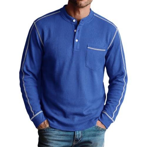 Auwer Mens Workwear Henley Shirts Long Sleeve Outdoor Activewear Shirt Blue