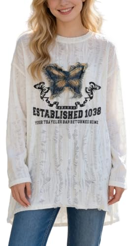 Womens Y2K Oversized Distressed Long Sleeve T Shirt Butterfly Graphic Loose Grunge Washed Tunic Top Streetwear (White,X-Large)