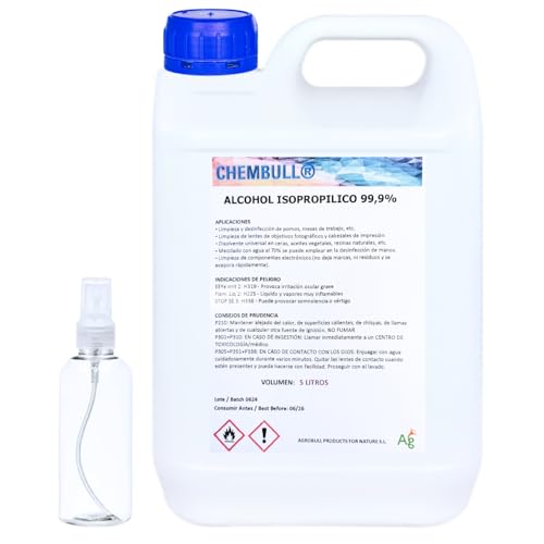 ALCOHOL ISOPROPILICO 99,9% RIQUEZA | ISOPROPANOL | 5 Litros | INCLUYE PULVERIZADOR 100 ML | Limpieza de componentes electrónicos, pantallas, lentes y desinfección de superficies