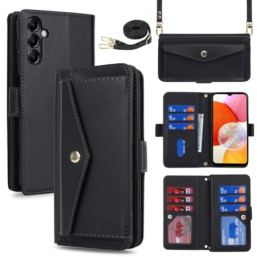 Eastwave for Galaxy A14 5G �P�[�X �V�����_�[ �N���X�{�f�B�T���X�� �M�����N�V�[ A14 5G ���ߋ� ������ ��|�� �΂ߊ|�� �J�[�h�P�[�X for Samsung A14 5G �蒠�^ ���z�^ �J�[�h���[ ���K���� PU���U