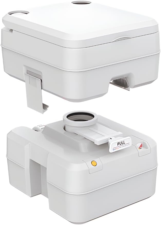 Separated upper and lower tanks of the SEAFLO portable toilet.