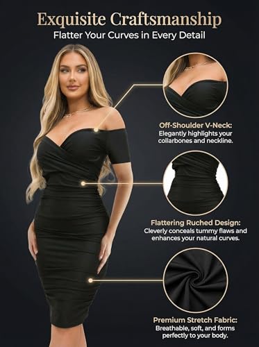 Image of Ekaliy Women's Sexy Off The Shoulder Midi Dress Ruched Bodycon Dresses