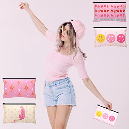 Hillban 12 Pcs Pink Preppy Makeup Bag Preppy Toiletry Bag Smile Leopard Howdy Portable Cosmetic Makeup Pouch Travel Organizer Accessories Cute Spring Gift for Women4