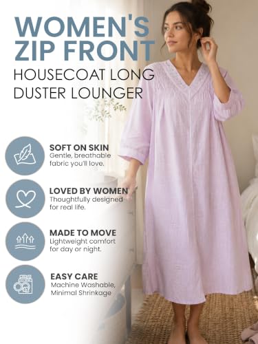 Image of Casual Nights Women's Zip Front Woven House Dress | 3 /4 Sleeves Housecoat Long Duster Lounger