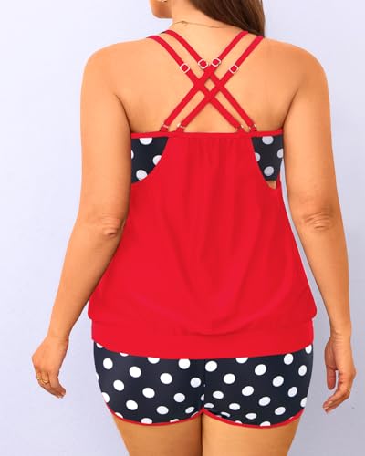 Plus Size Tankini Swimsuits Women - Blouson Two Piece Tummy Control Bathing Suit Criss Cross Tankini Top with Shorts2