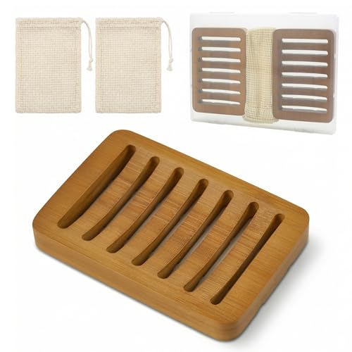OwnWise 2-in1 Soap Holder Kit, 2 Pack Bamboo Soap Dishes