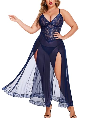Image of Avidlove Plus Size Lingerie for Curvy Women Long Lace Babydoll Nightdress | V neck sheer mesh nightgown,g-string included,high side slits,adjustable straps,curve-flattering fit,maternity photoshoot