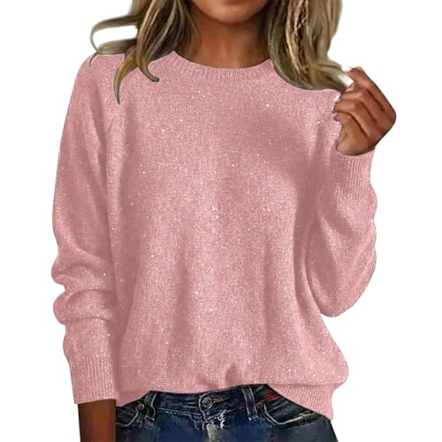 Generisch Jersey de lentejuelas para mujer, de un solo color, suéter de punto informal brillante en corte grande, cómoda blusa hippie, O rosa., M