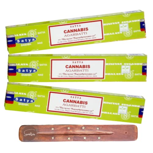 Satya Nag Champa Cannabis Incense Sticks | 3 pack | with SAMASIA incense sticks holder | Used for Aromatherapy, Spa, Yoga, Weddings, Meditation, Healing, Positivity and Relaxation