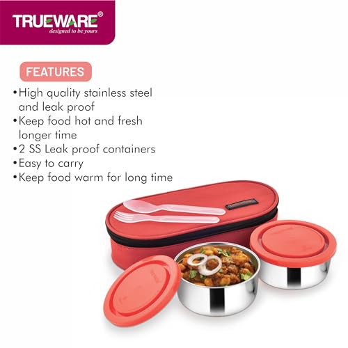 Image of Trueware Classic Lunch Box | 2 Containers | 300 Ml Each | Stainless-Steel Leak-Proof Containers | Red | Light Weight | Dishwasher Safe | Easy to Carr (Classic Red BAZ)