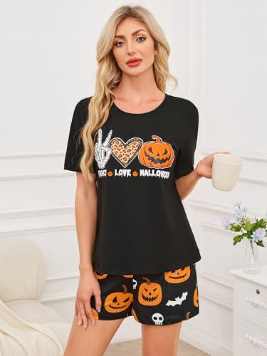 Leevuyu Womens Halloween Pajamas Skeleton Hand Leopard Heart Tops and Pumpkin Shorts Halloween Pjs Set Black S - image 2