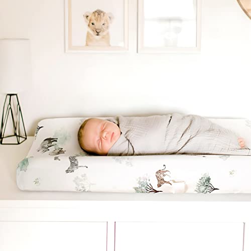 Image of GRSSDER Stretch Ultra Soft Jersey Knit Changing Pad Cover Set 2 Pack, Change Table Pad Covers Fit 32 inch /34 inch x 16 inch Pads Safe and Snug, Stylish Pattern for Boys and Girls, African Savannah Animals