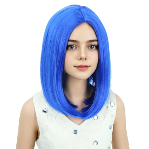 Image of Kids Blue Wig Girls Royal Blue Bob Wig Child Short Bob Wig Middle Part Wig for Kids Synthetic Wigs with Wig Cap