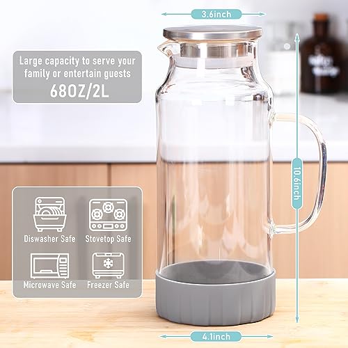 Hsei 2 Liters Glass Pitcher with Lid Water Pitcher for Fridge Water Carafe with Handle for Hot/cold Beverages Heat Resistant Glass Jug for Drink Juice Iced Tea Summer(68 oz,Gray Coaster)