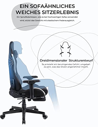 Sedia da ufficio da gaming, in tessuto, ergonomica, con funzione di massaggio, poggiatesta, cuscino lombare e poggiapiedi, bianco e nero - Sedia gaming - Immagine 3