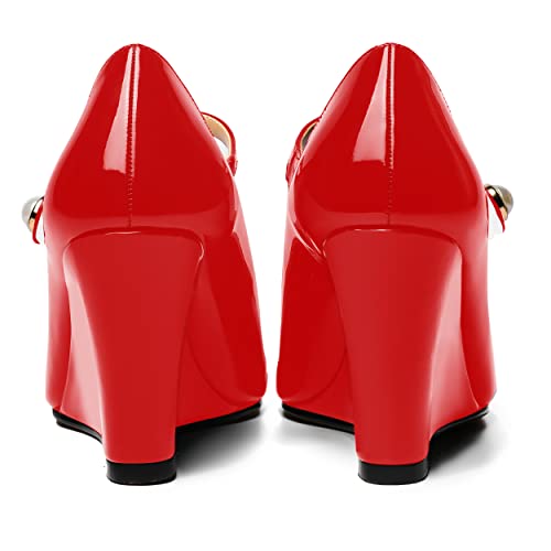 ROSERWISH Womens Ankle Strap Party Patent Fashion Sexy Round Toe Wedge High Heel Pumps Dress Shoes 3.5 Inch4