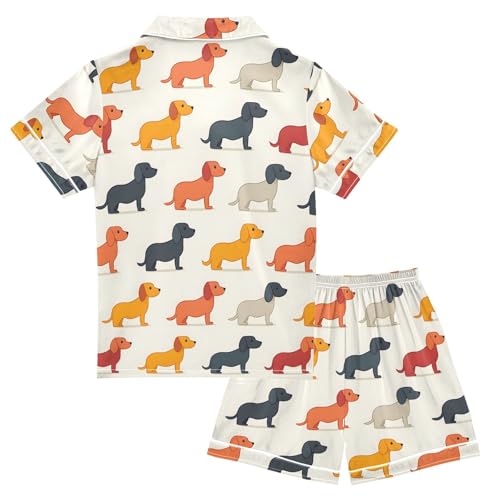 ALAZA Multicolor Dachshund Dog Cartoon Satin Pajamas Set Short Sleeve Button Down Sleepwear Summer Pjs 2 Piece2