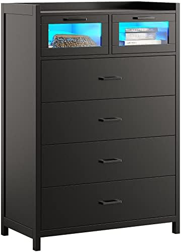 AOGLLATI Black Dresser for Bedroom, 6 Drawer Dressers with LED Lights, Dressers & Chests of Drawers, Bedroom Closet Wooden Tall Dresser for Bedroom, Hallway, Entryway (Black)