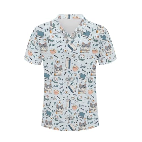 Cupattern Cat Book Daisy Music Men's Polo Short Sleeve Shirts Funny Golf Shirt Library 3XL